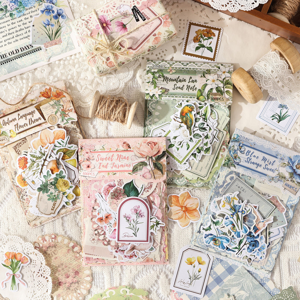 100 Pcs Floral Journal Paper and Stickers Starter Kit HJJS