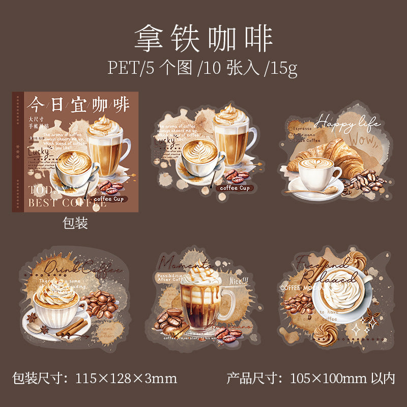 10 Pcs Coffee Themed PET Stickers JRYKF