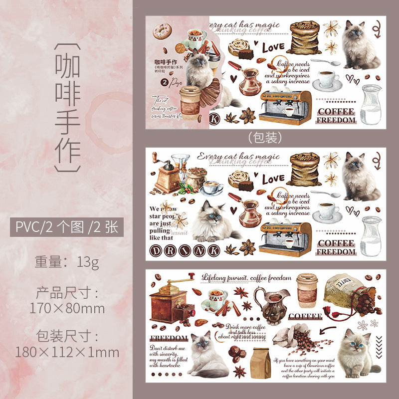 2 Sheets Cat Coffee Transfer Stickers HKFDM