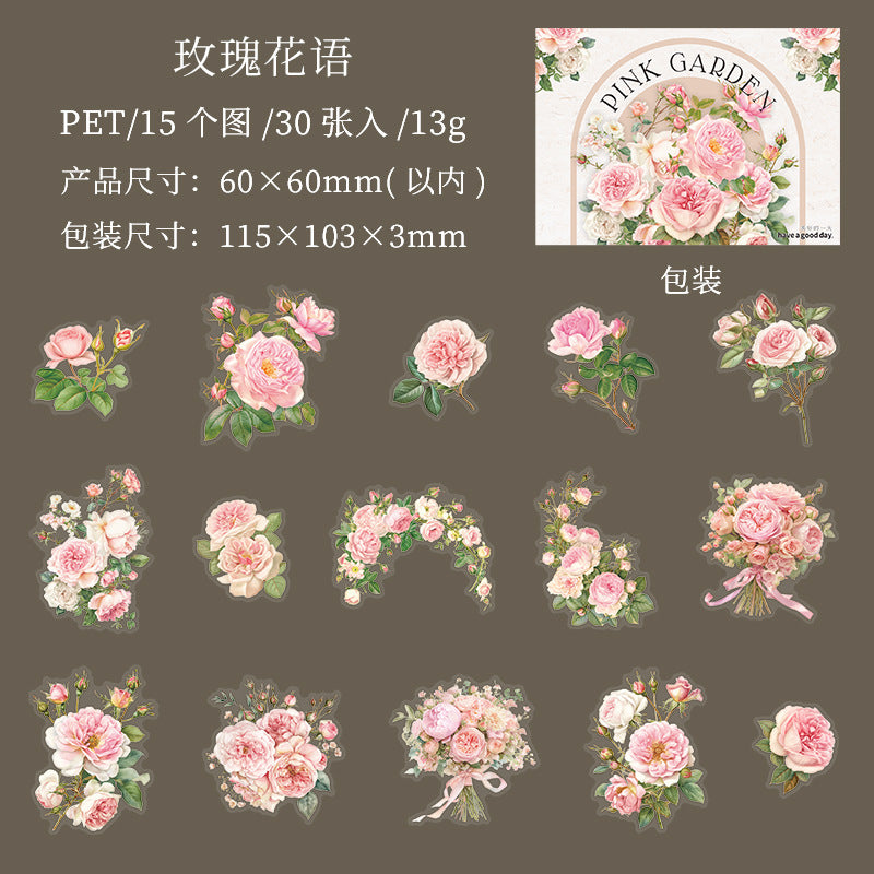 30 Pcs Pink Flower PET Stickers FZHY