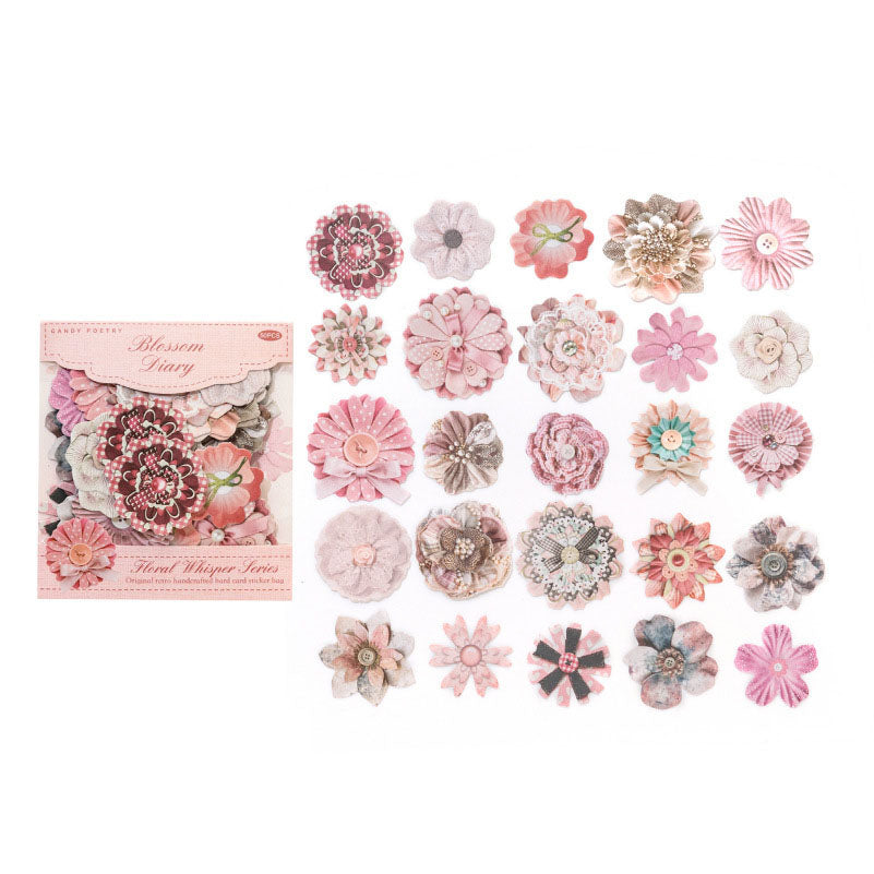 50 Pcs Vintage Handmade Fabric Button Floral Stickers- Cherry