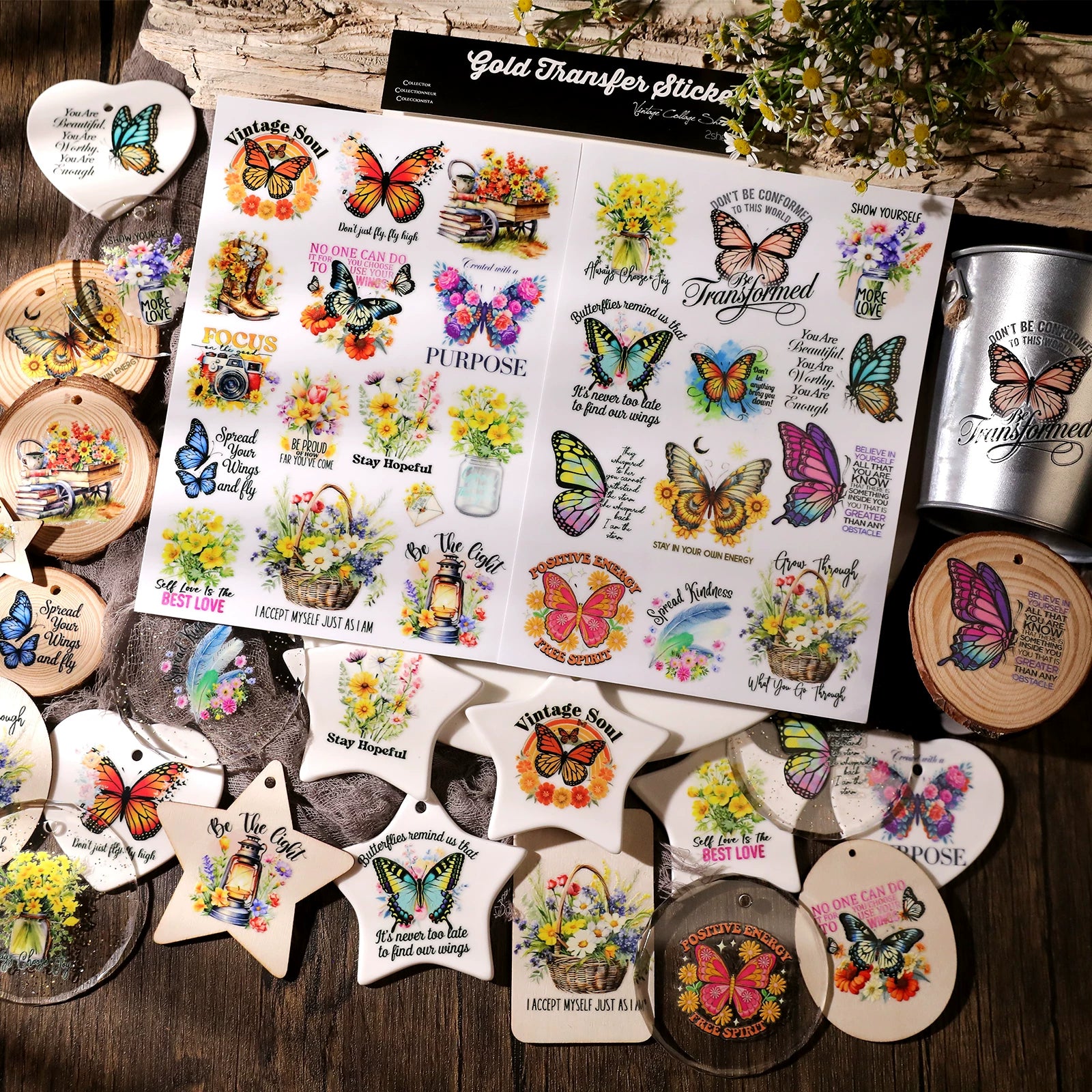2 Sheets Waterproof Rub on Stickers - Butterfly Quotes