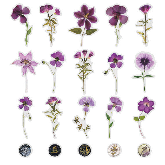 40 Pcs Vintage Pressed Flower Wax Seal Stickers- Purple