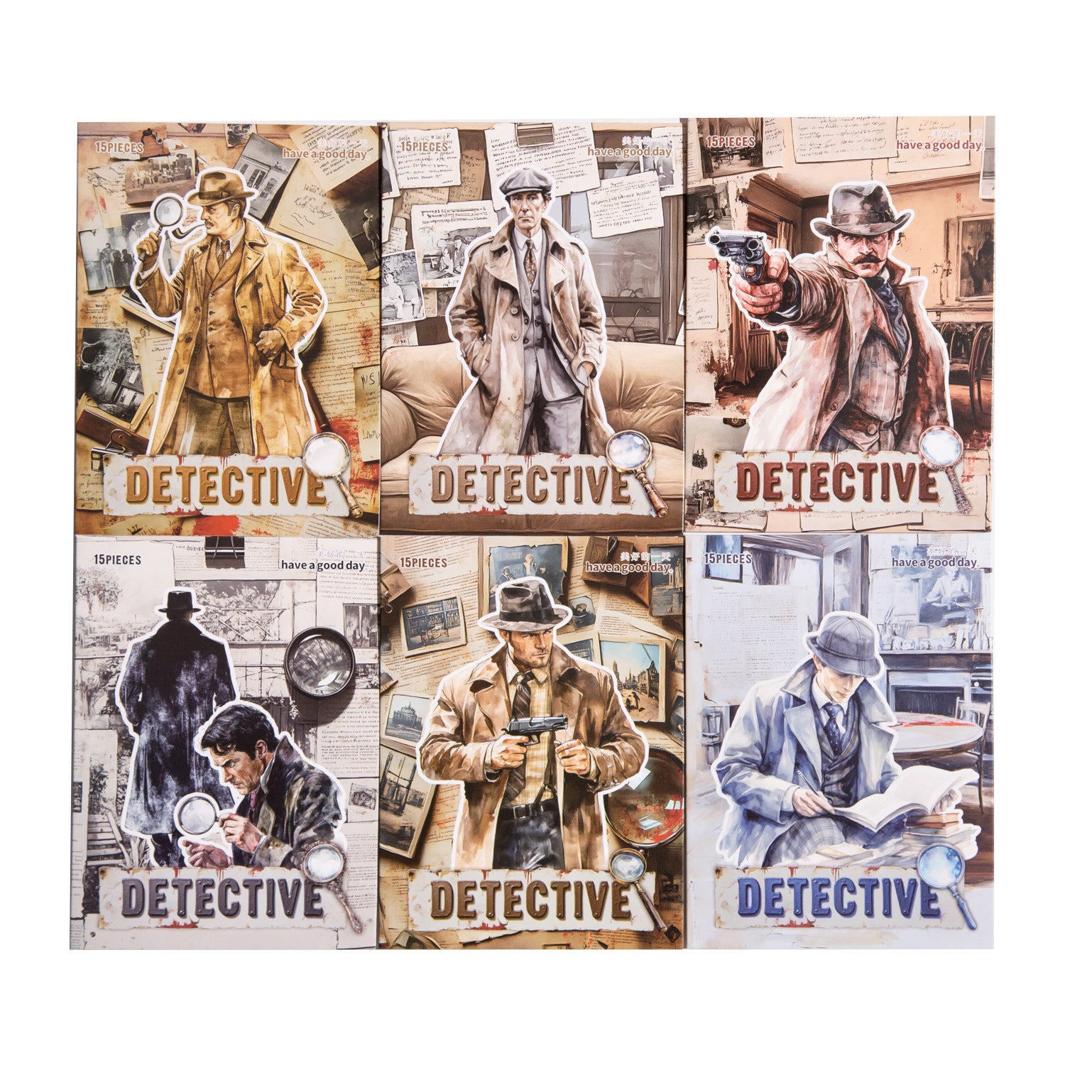 15 Pcs Detective Themed PET Stickers FEMSRZ