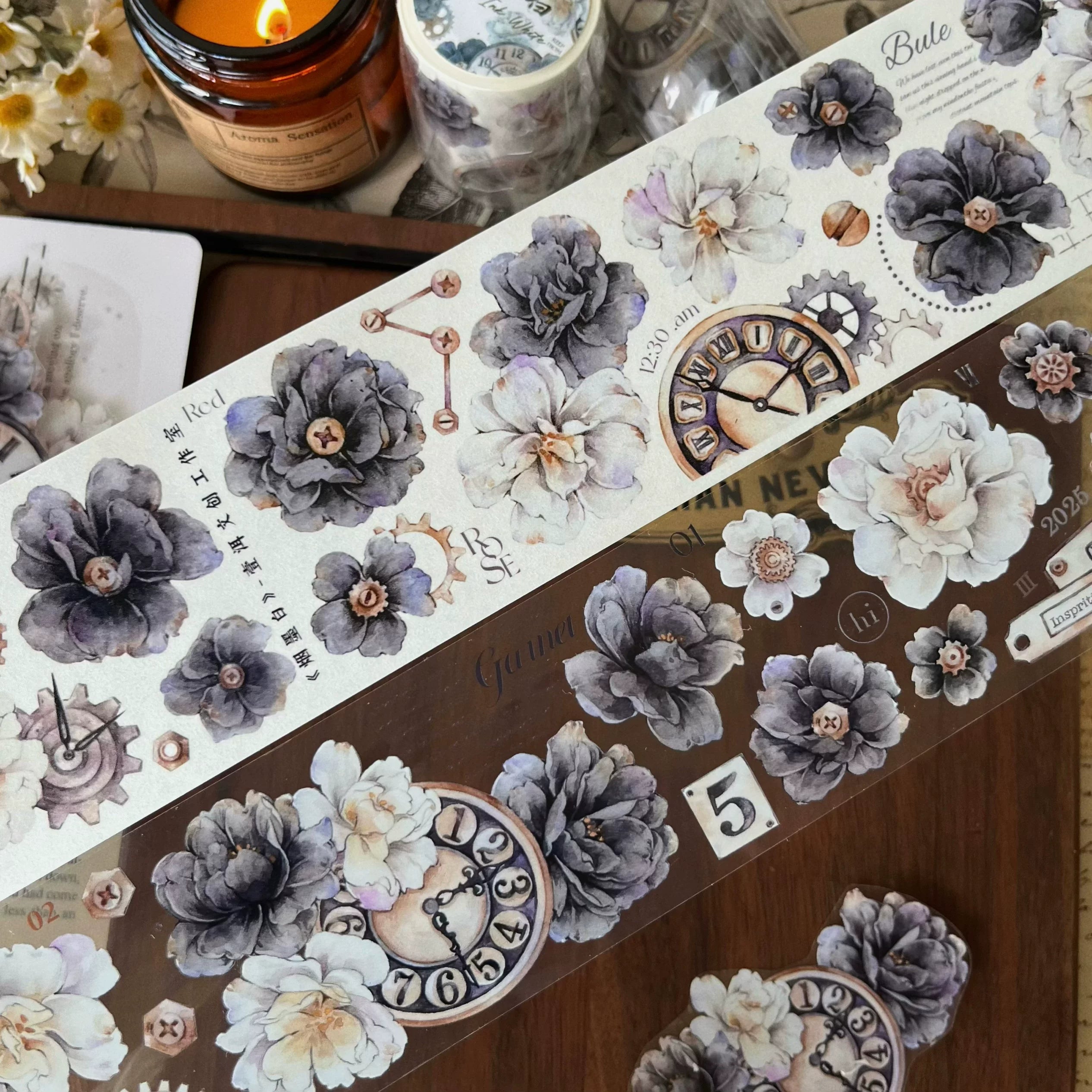 Floral Decorative Tape Rolls- Smoky Ink Blanc