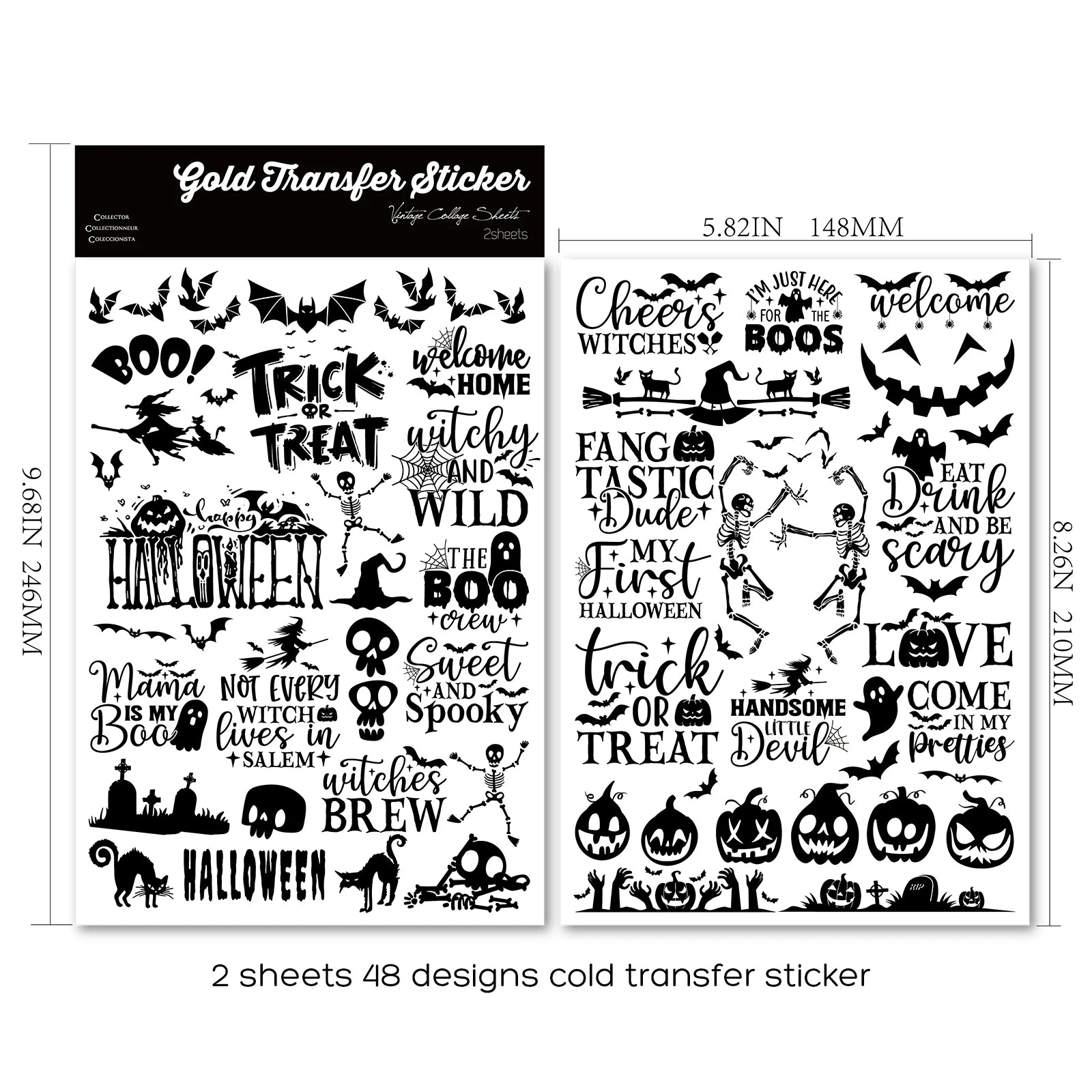 2 Sheets Waterproof Rub on Stickers - Black Halloween