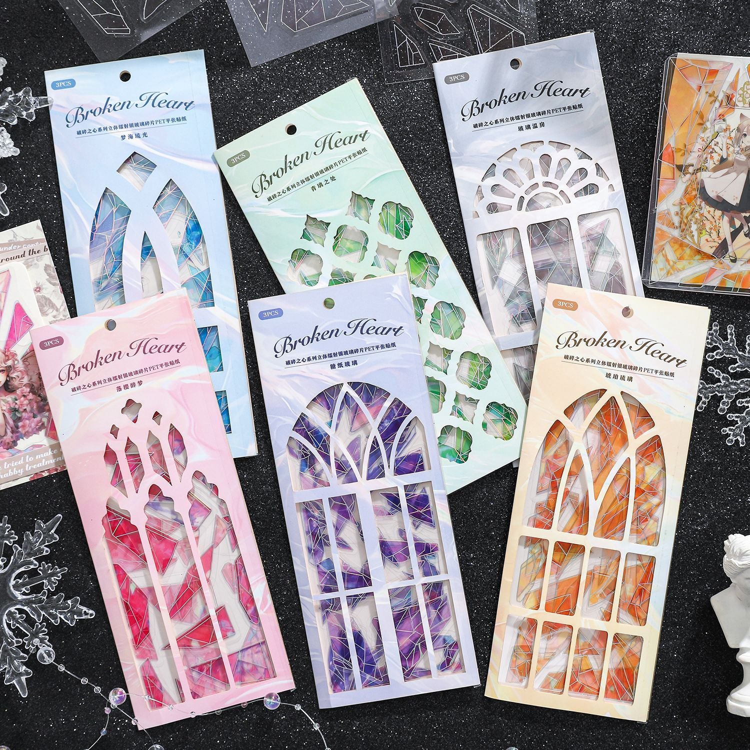 3 Sheets Broken Glass Theme PET Stickers PSZX
