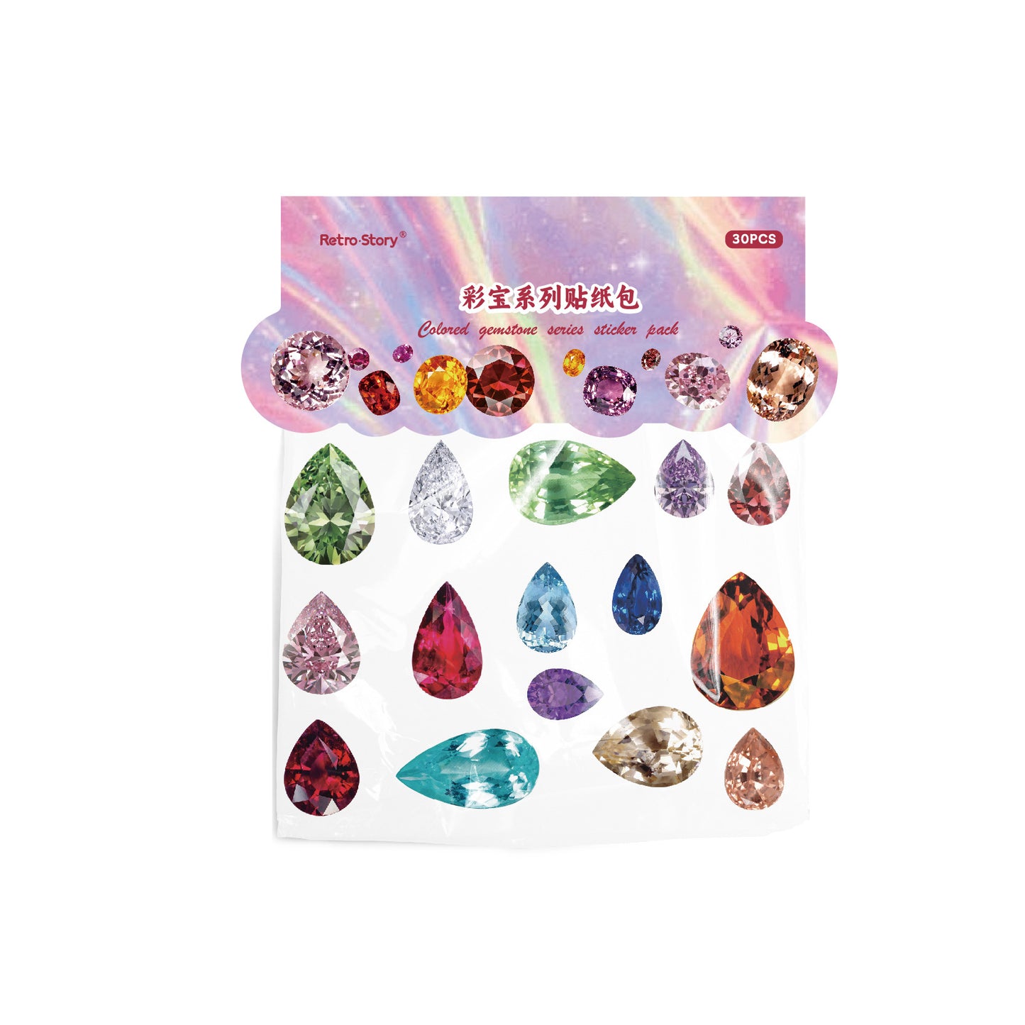 30 Pcs Holographic Gem PET Stickers CBXL