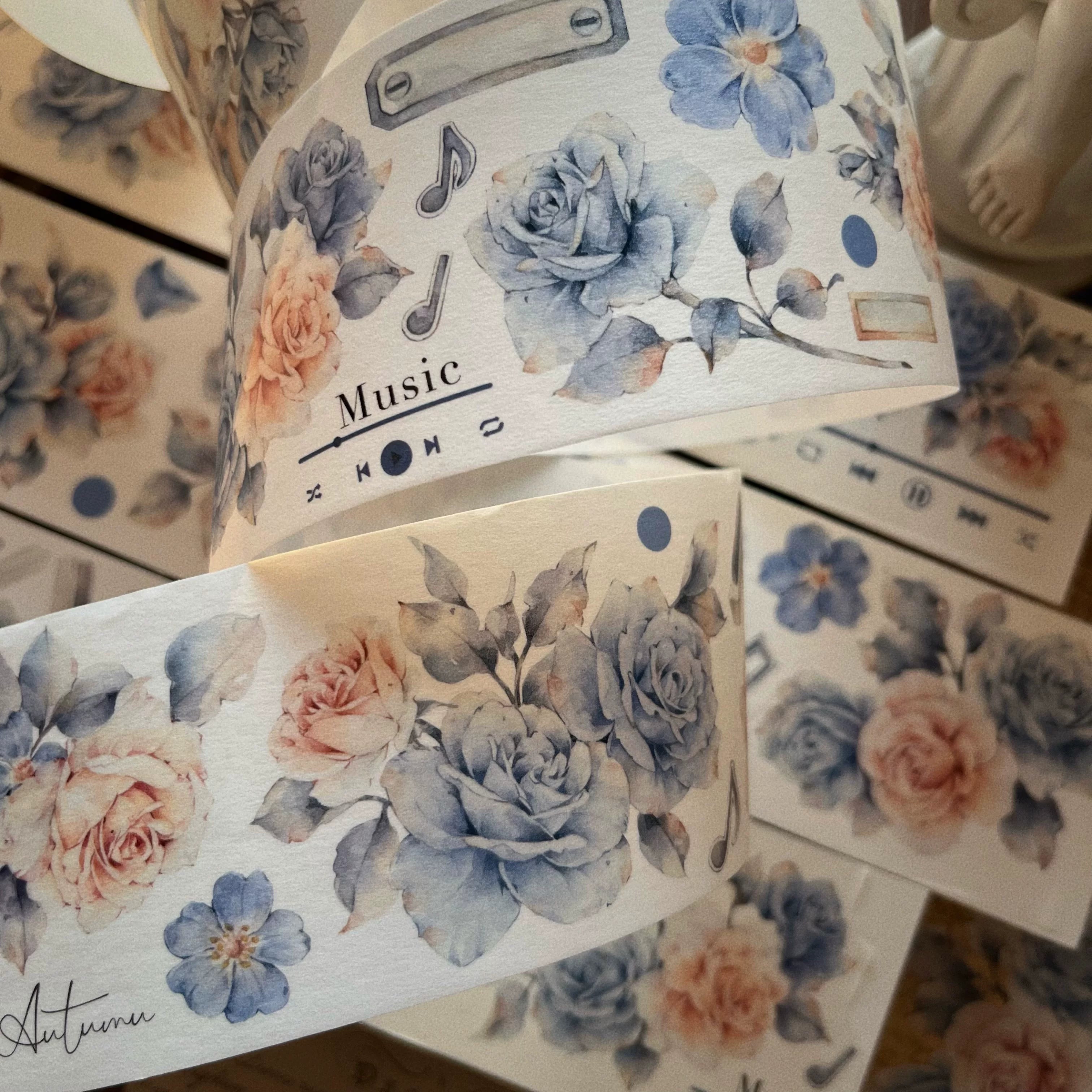 Floral Decorative Tape Rolls- Muted Blue Aura