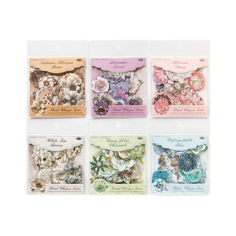 50 Pcs Vintage Handmade Fabric Button Floral Stickers- Blue