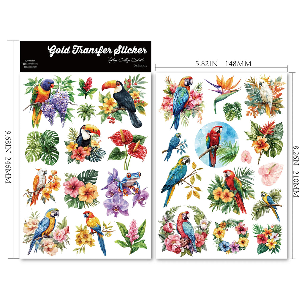 2 Sheets Waterproof Rub on Stickers - Tropical Parrot