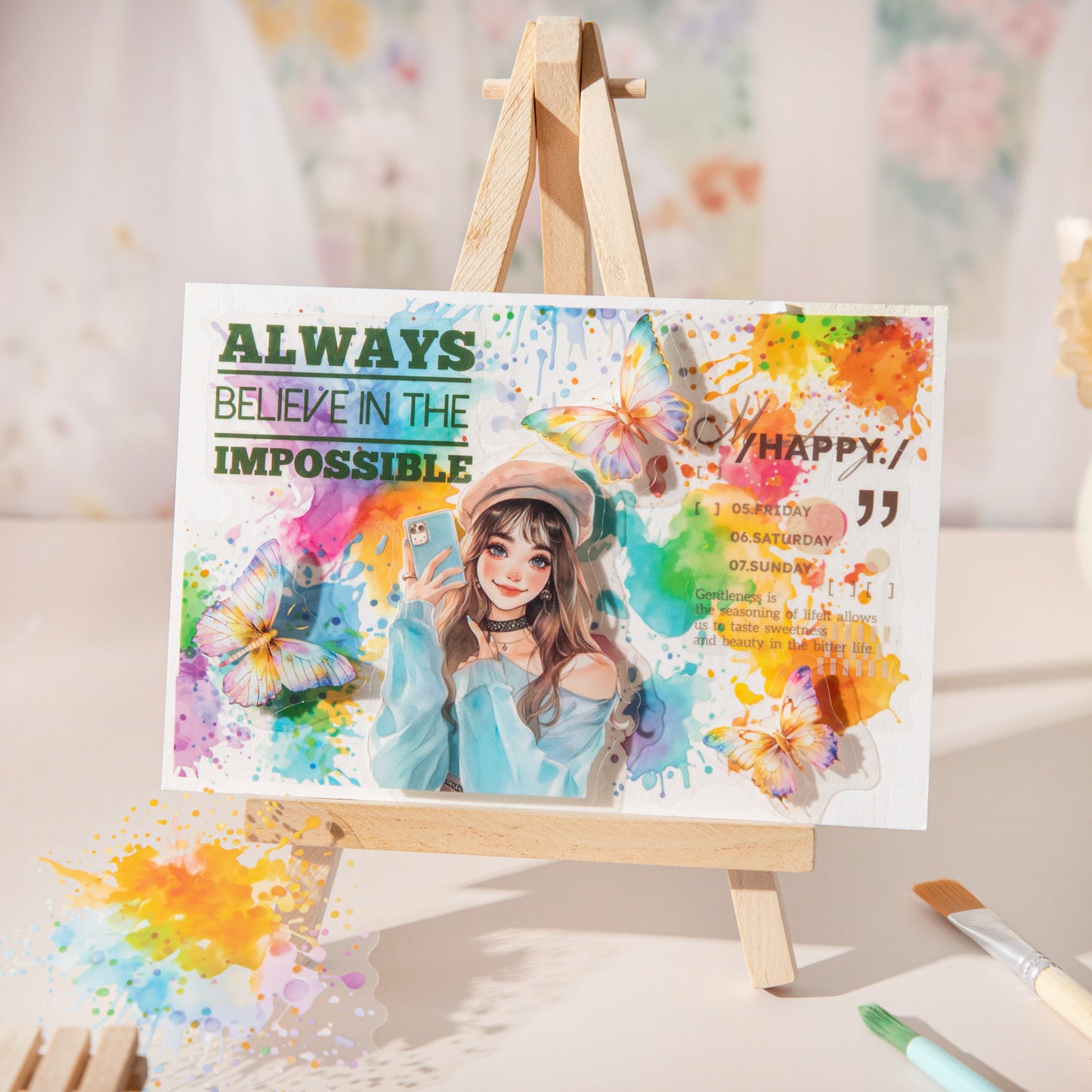 25 Pcs Watercolro Flower Butterfly PET Stickers DMHJ