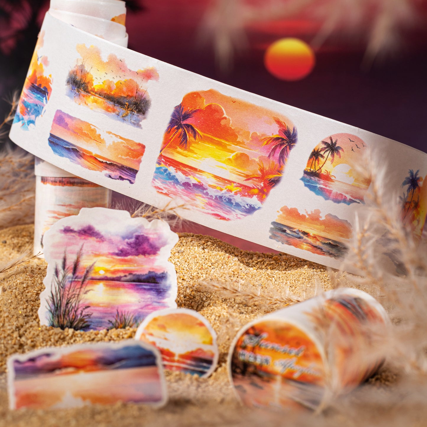 1 Roll Pre-cut Sunset Landscape PET Stickers Tape RLYH