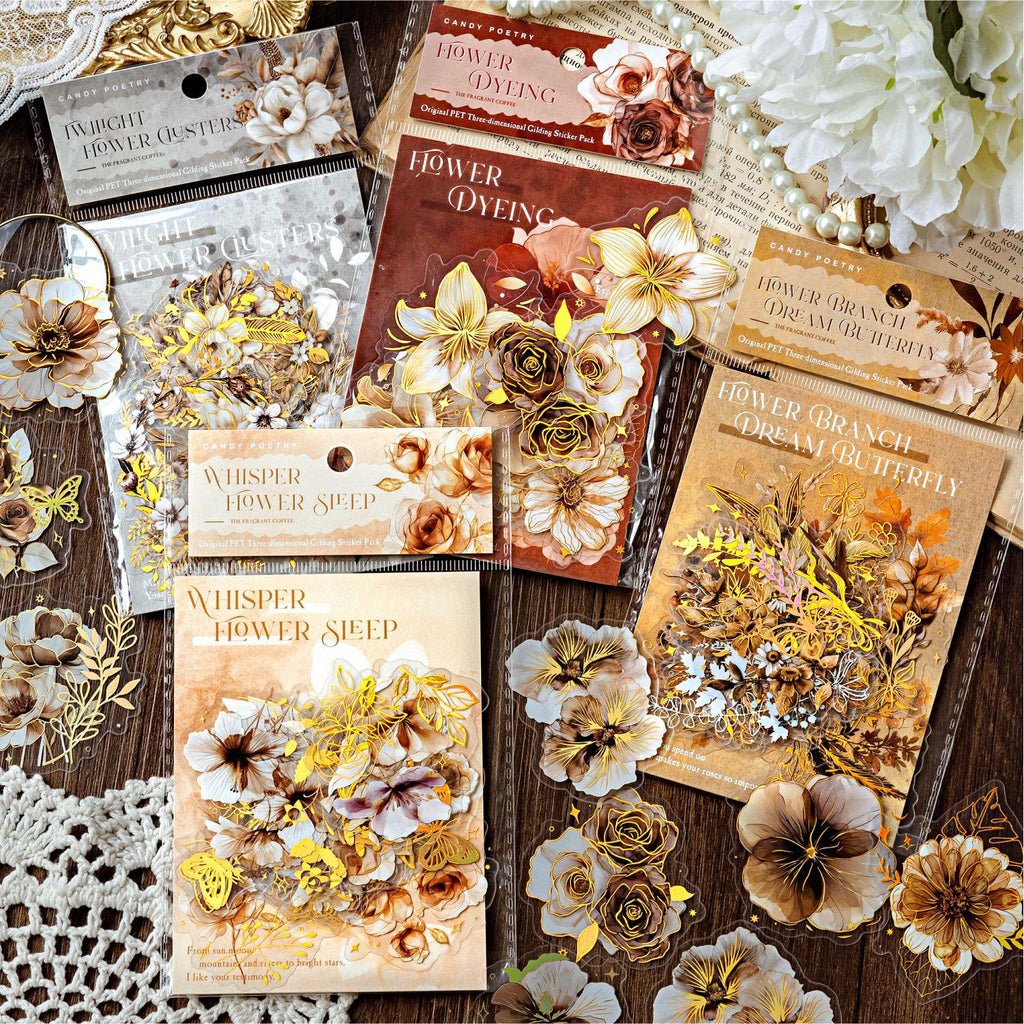 20 Pcs Gold Foil Flower PET Stickers KXFY