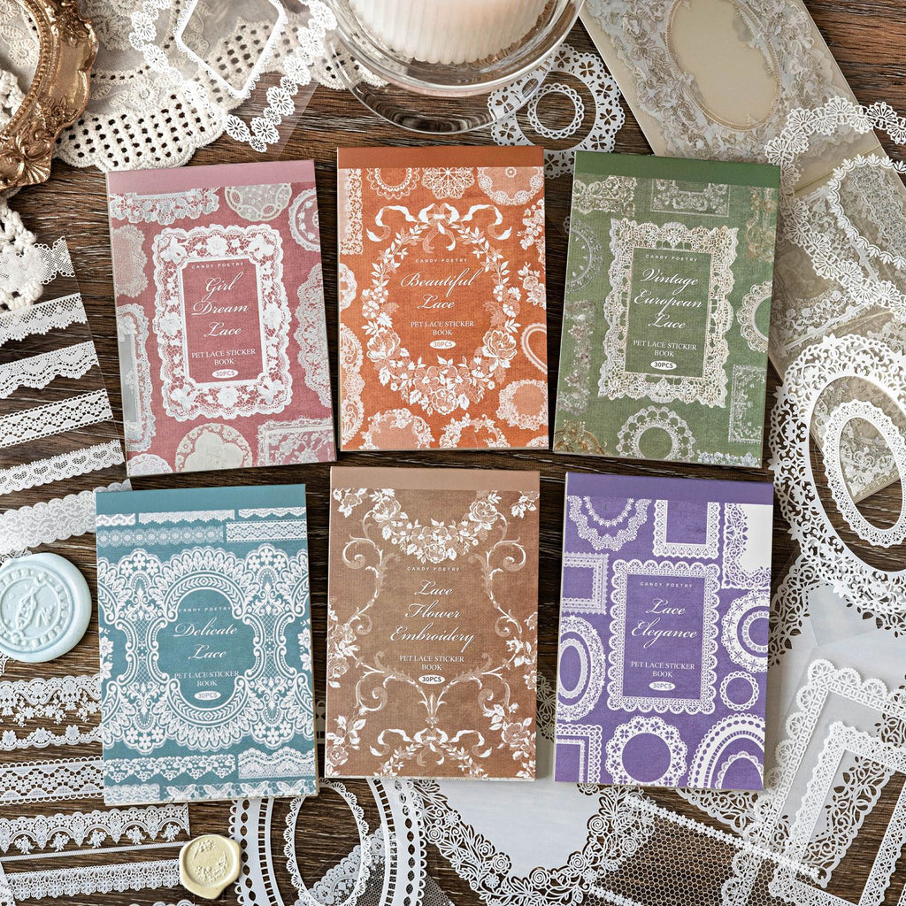 30 Sheets Lace Themed PET Stickers Book LSBWG