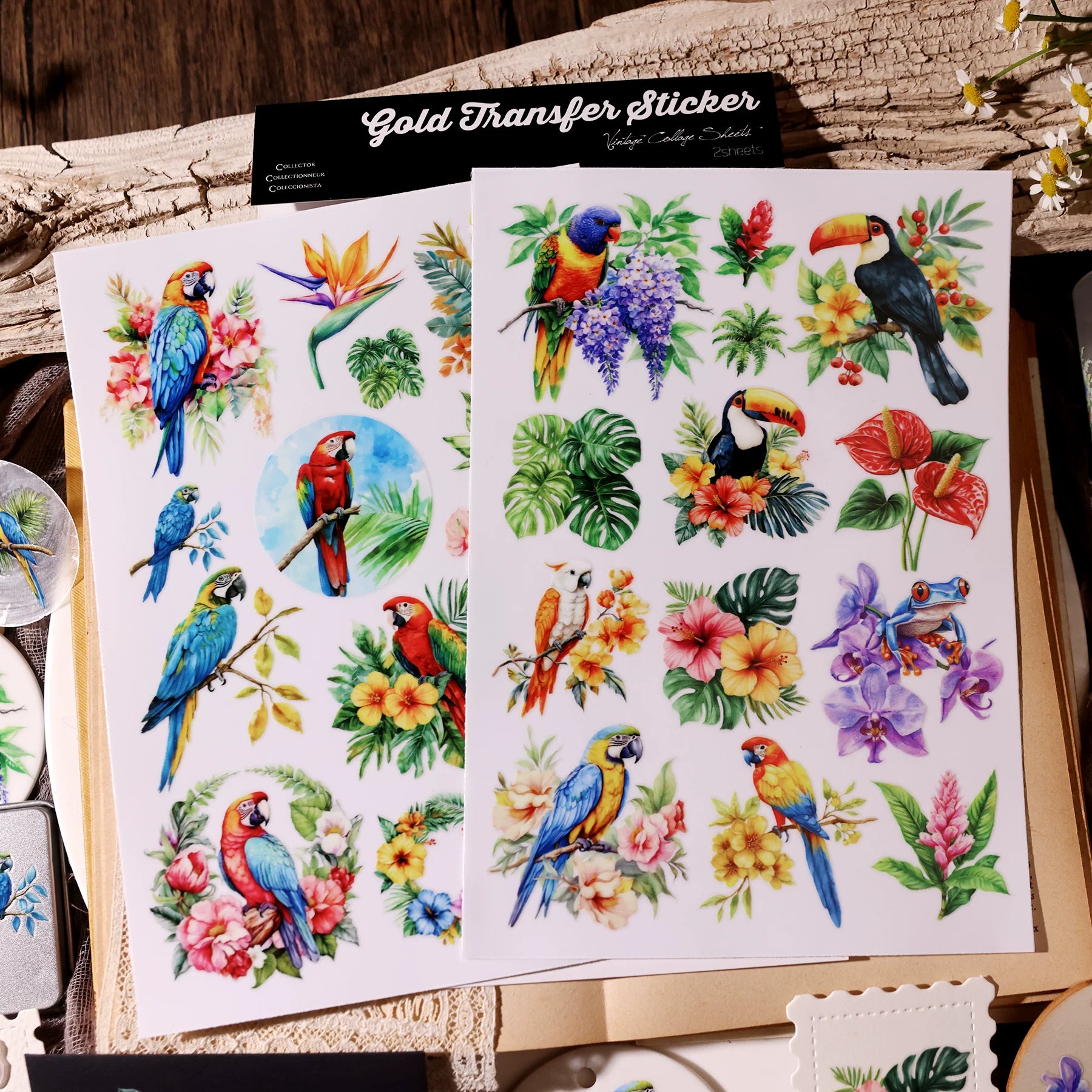 2 Sheets Waterproof Rub on Stickers - Tropical Parrot