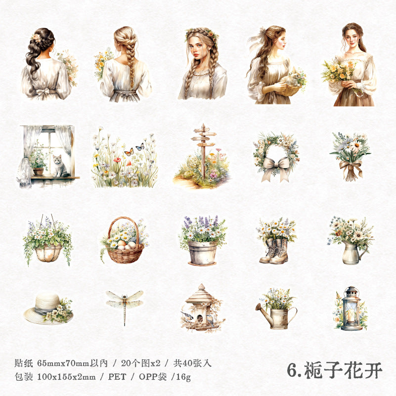 40 Pcs Flower Girl PET Stickers XMES
