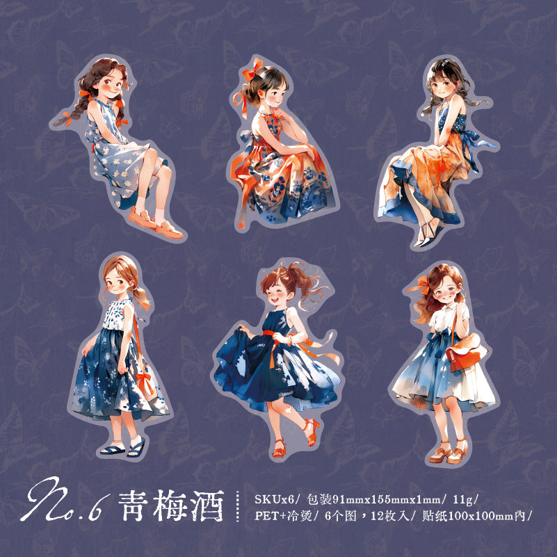 12 Pcs Cute Girl PET Stickers XRKAD