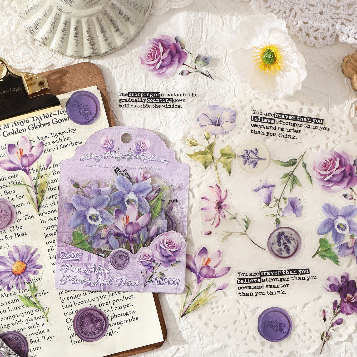 40 Pcs Watercolor Flower Seal PET Stickers CMSX