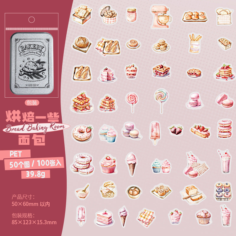 100 Pcs Bread Dessert PET Stickers MBHBS