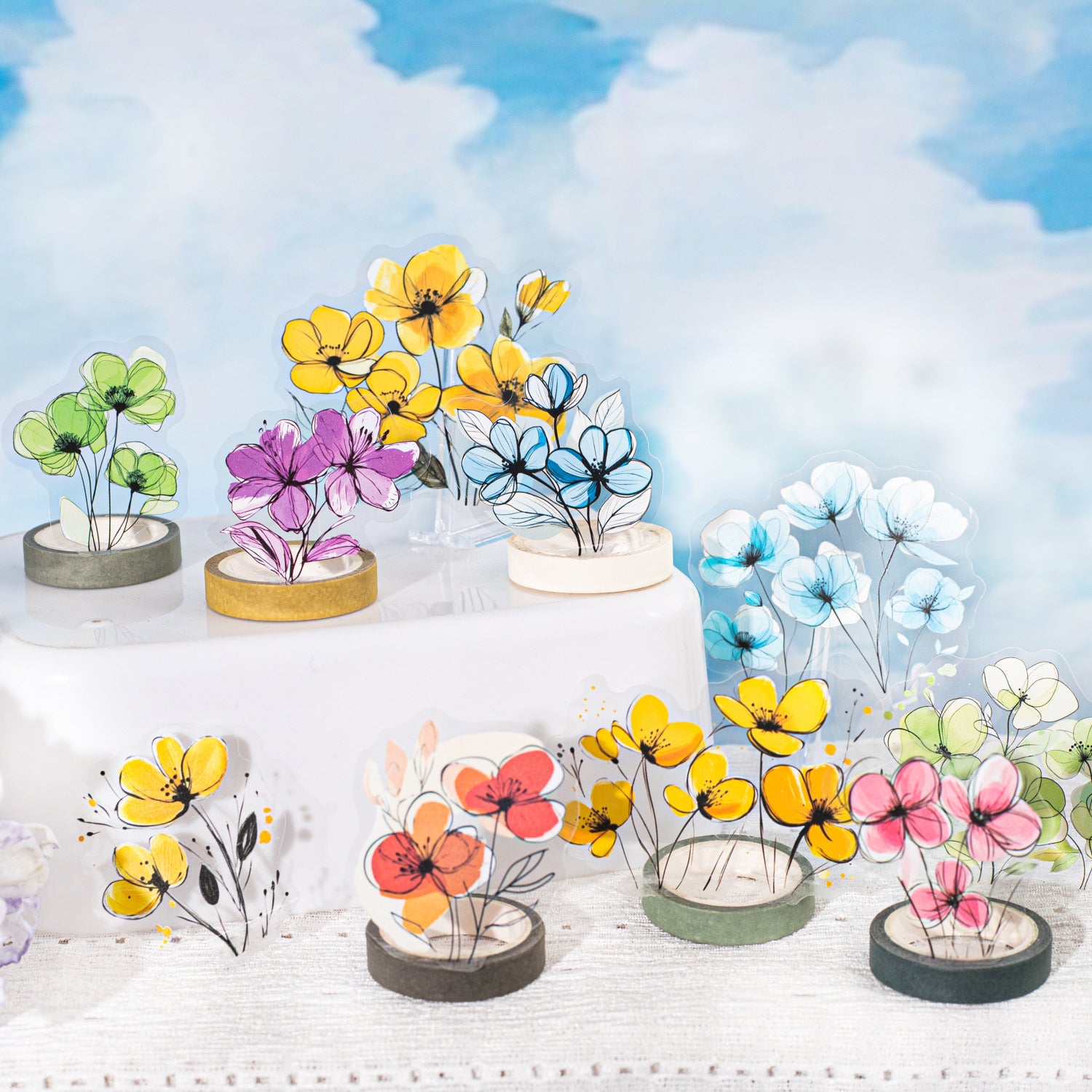 15 Pcs Light Color Flower PET Stickers MHHJ