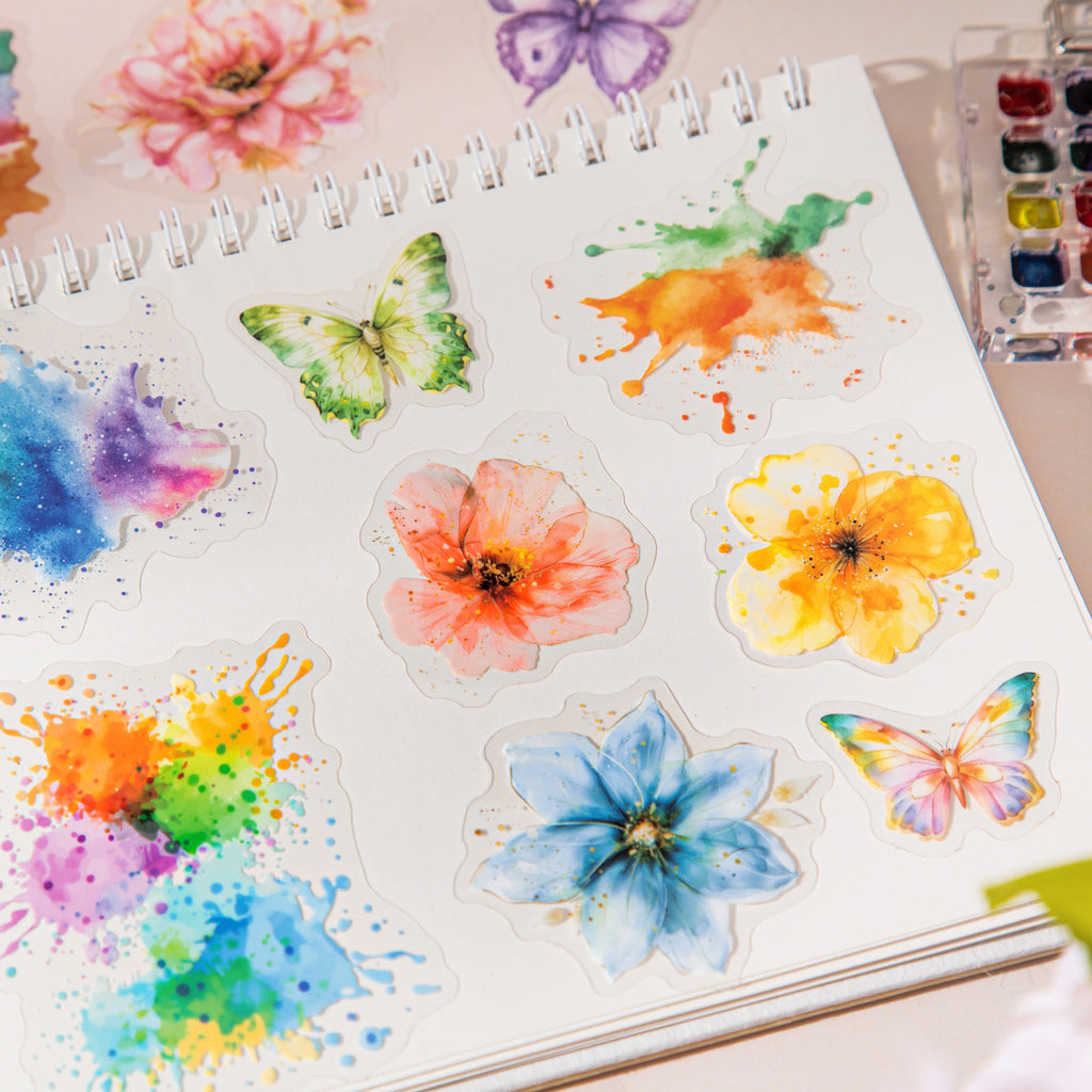 25 Pcs Watercolro Flower Butterfly PET Stickers DMHJ