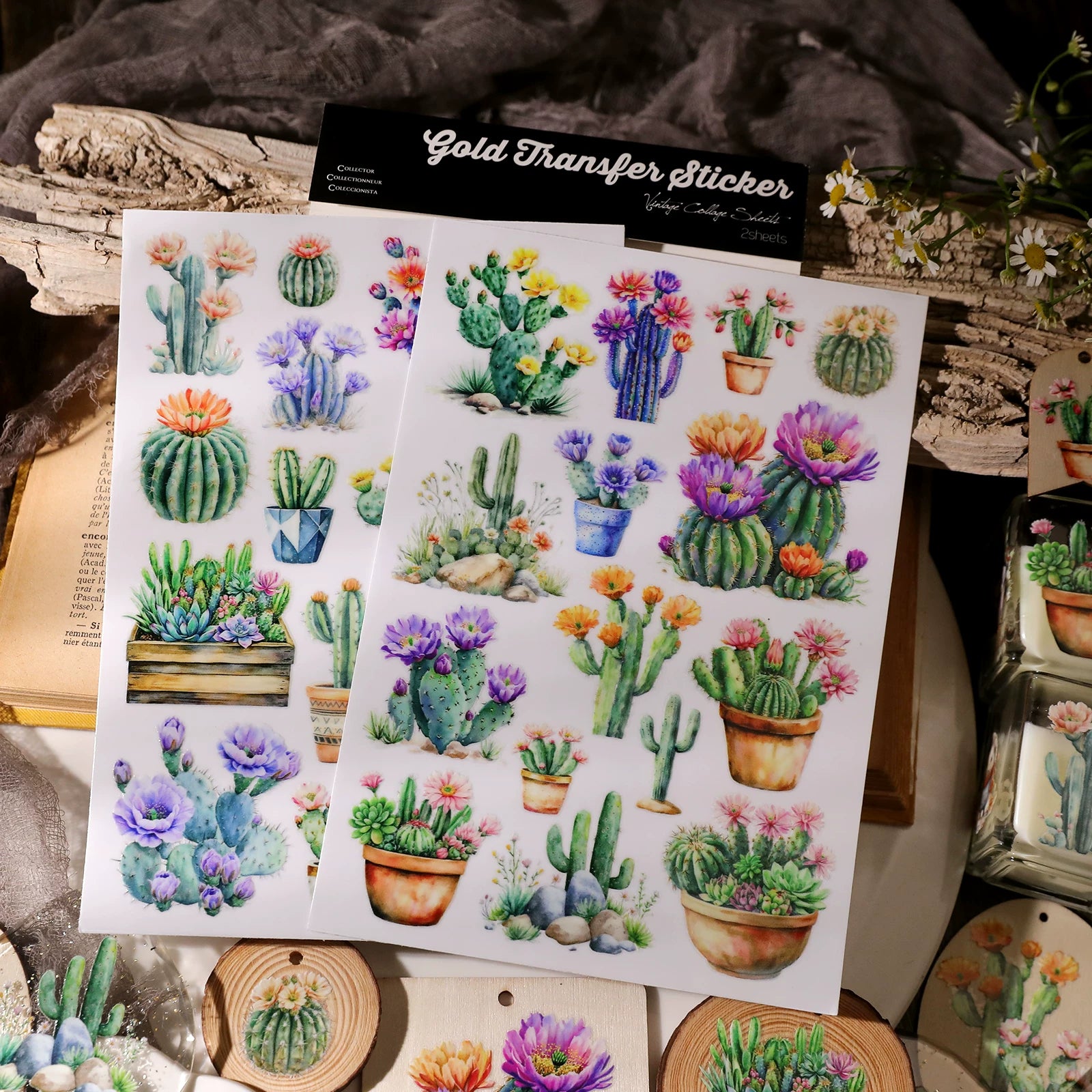 2 Sheets Waterproof Rub on Stickers - Cactus