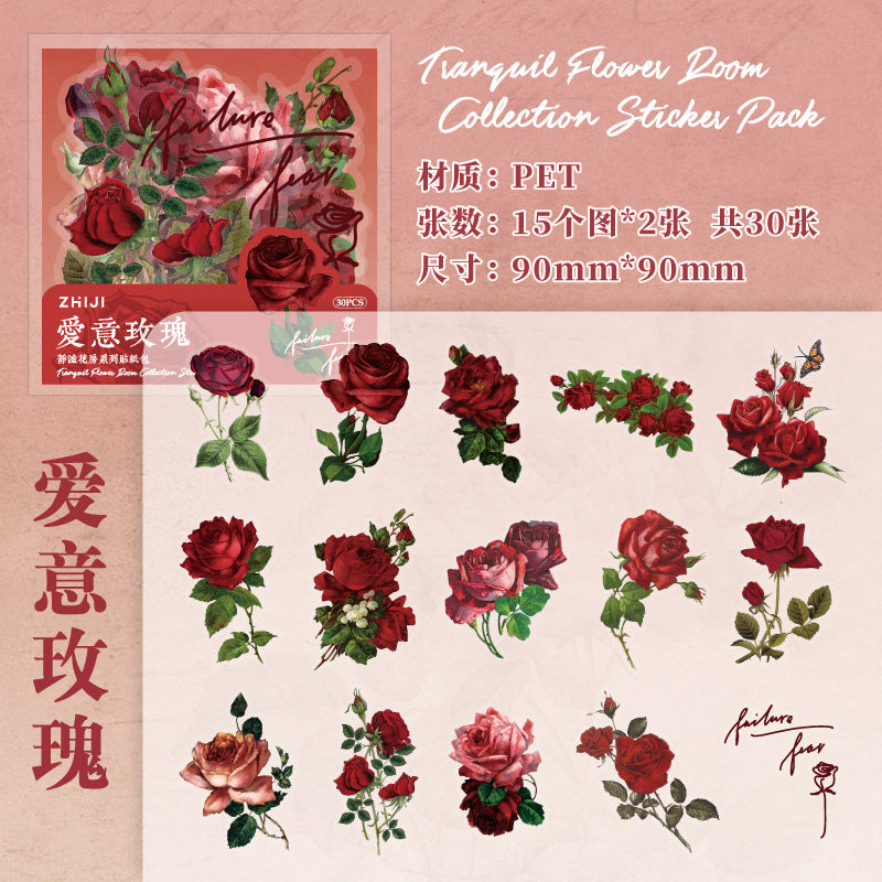 30 Pcs Vintage PET Flower Stickers JMHF