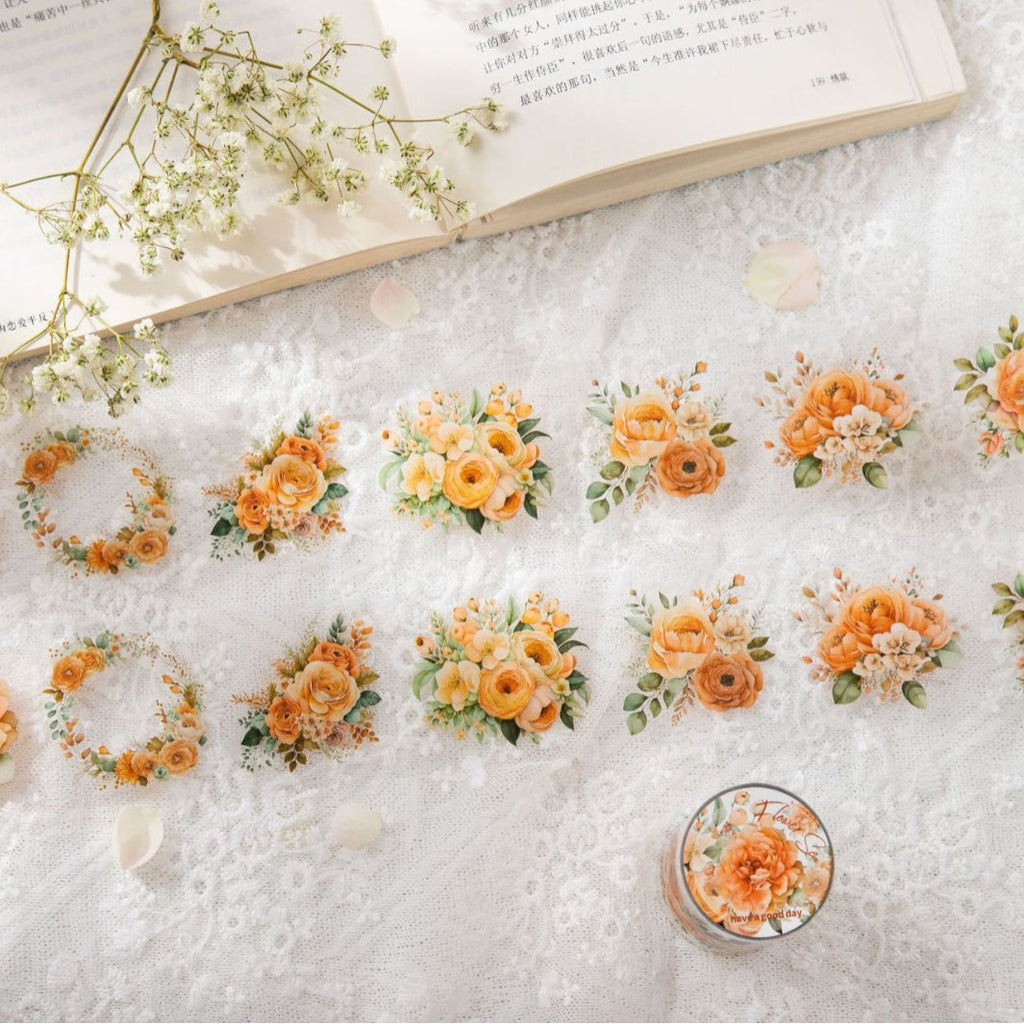 Romantic Watercolor Botanical Wreath Die-Cut PET Tape- Orange Rose