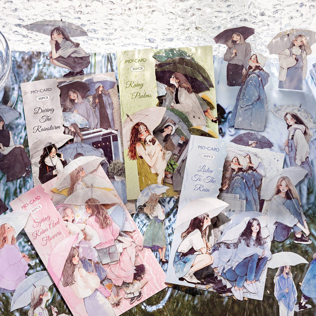 30 Pcs Rainy and Girl PET Stickers YZXQ