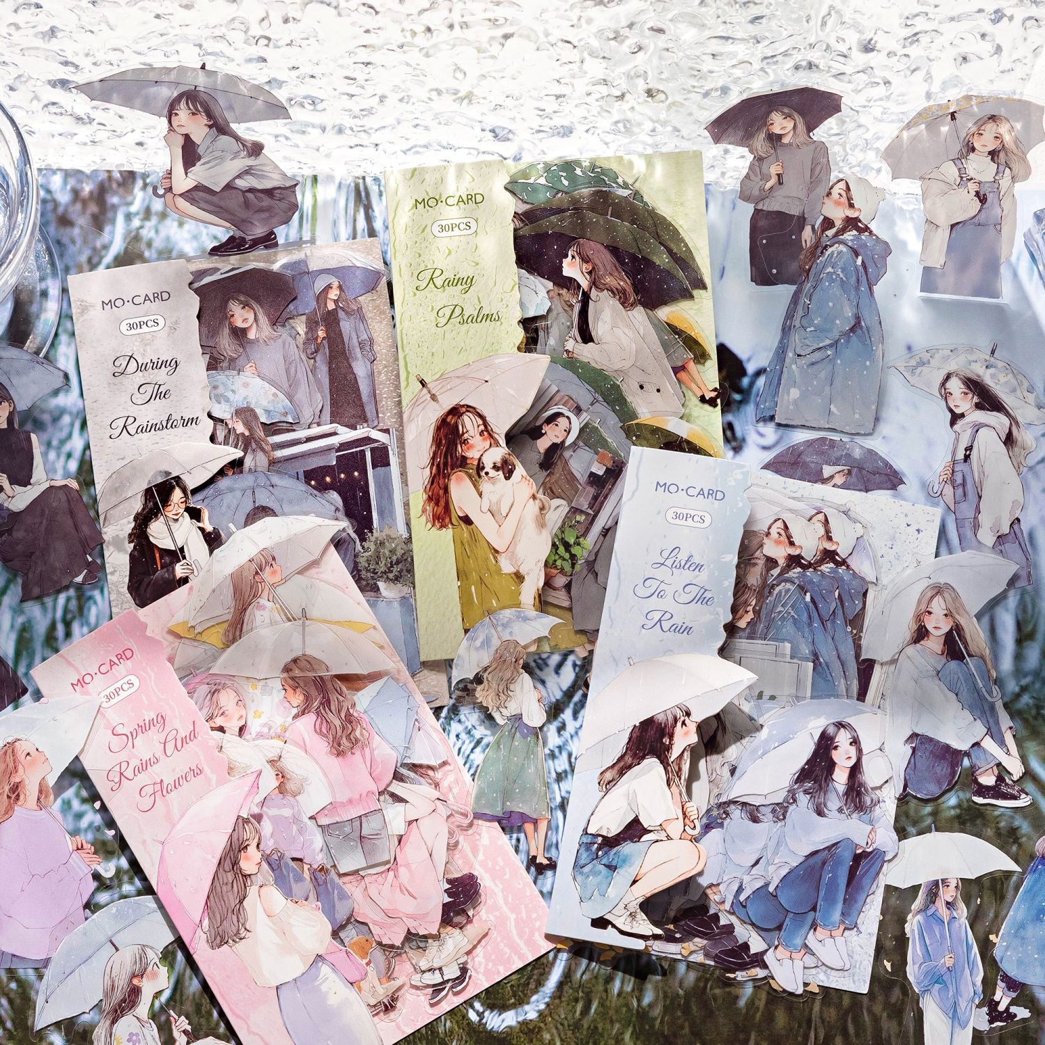 30 Pcs Rainy and Girl PET Stickers YZXQ