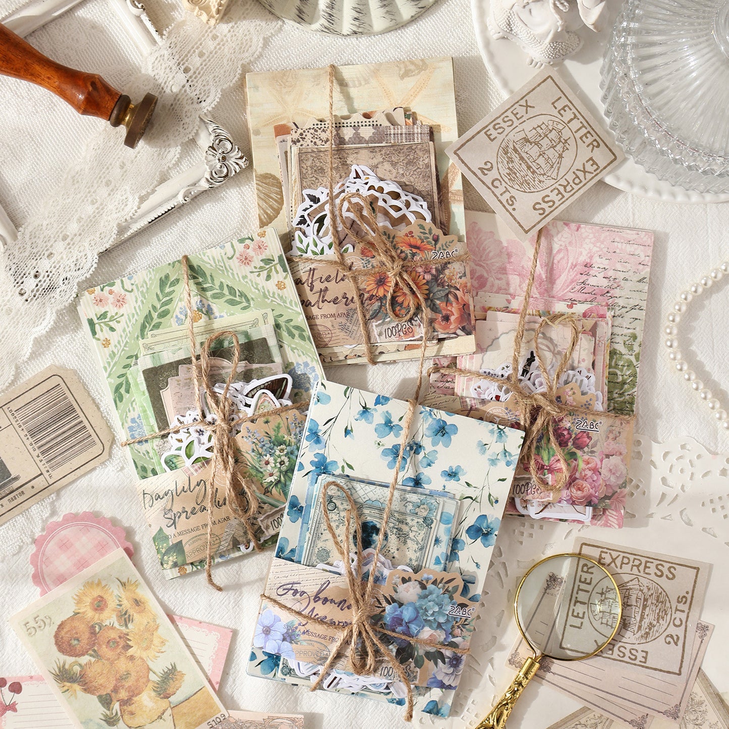 100 Pcs Junk Journal Paper ans Stickers Kit for Starter YFZX