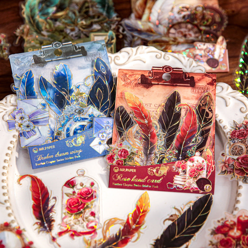 15 Pcs Gold Foil Vintage Feather PET Stickers YYPZ