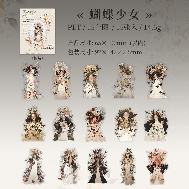 15 Pcs Flower and Girl PET Stickers HYZSN