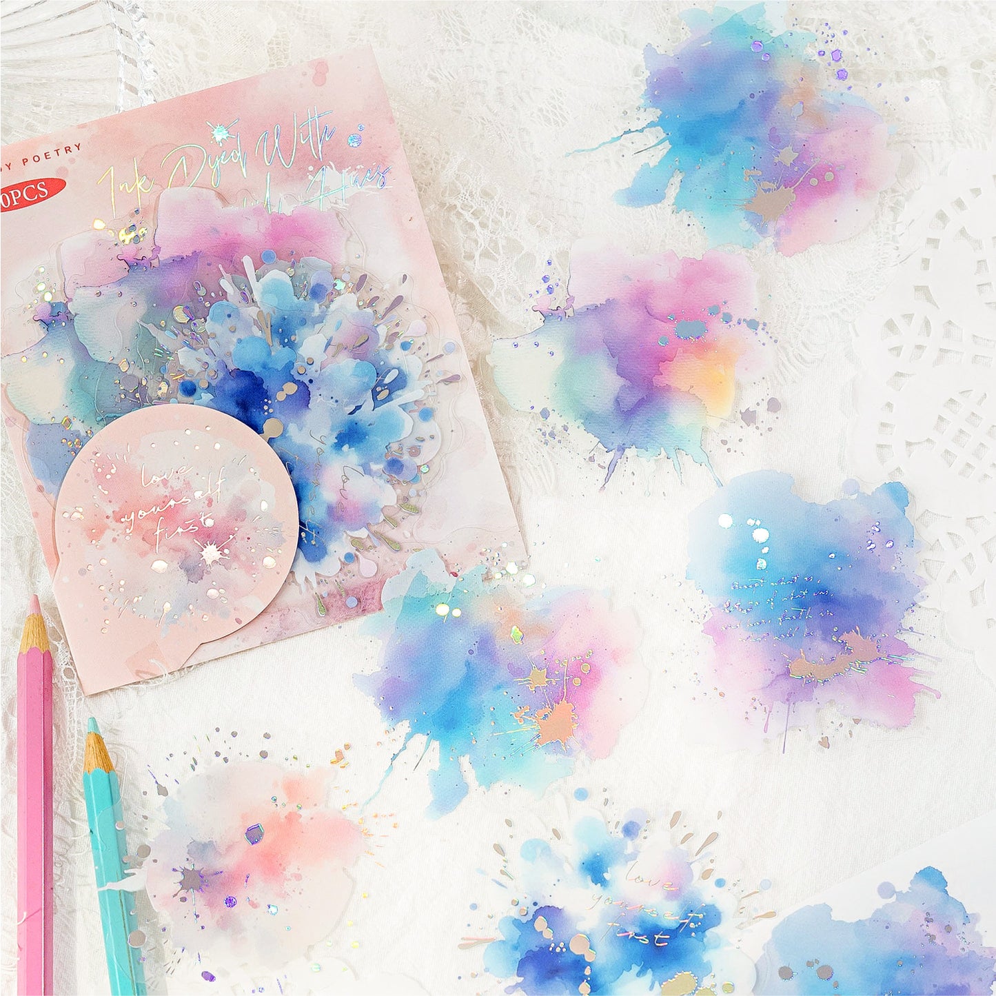 10 Pcs Watercolor Glitter Galexy PET Stickers LGYC