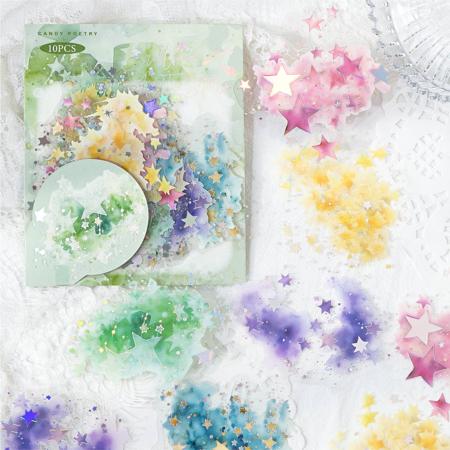 10 Pcs Watercolor Glitter Galexy PET Stickers LGYC