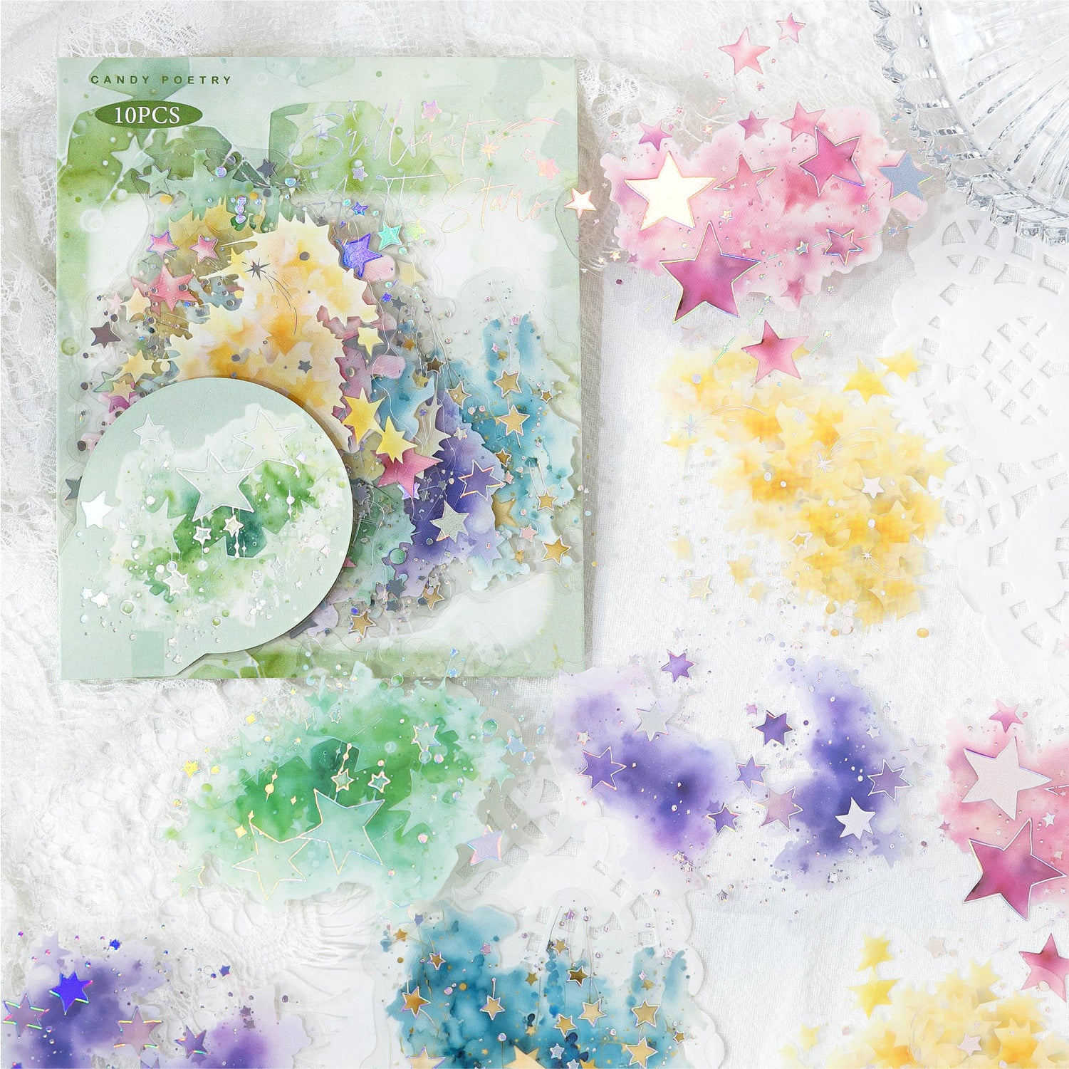 10 Pcs Holographic Silver Alcohol Ink PET Stickers - Dazzling