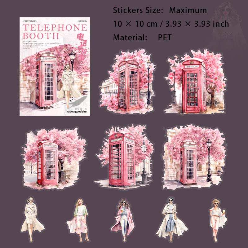 20 Pcs Flroal Telephone Booth Girl PET Stickers DHTGS