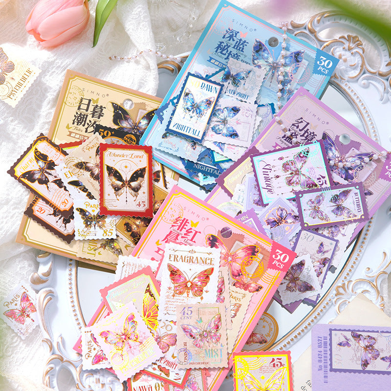 30 Pcs Postage Stamp Butterfly Stickers PPXJ