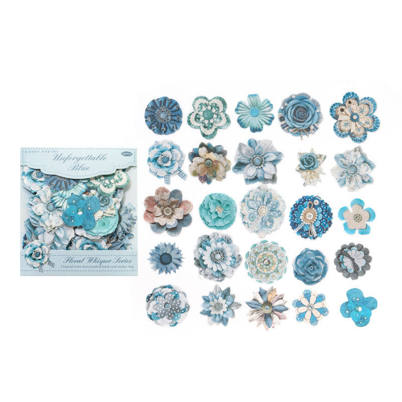 50 Pcs Vintage Handmade Fabric Button Floral Stickers- Blue