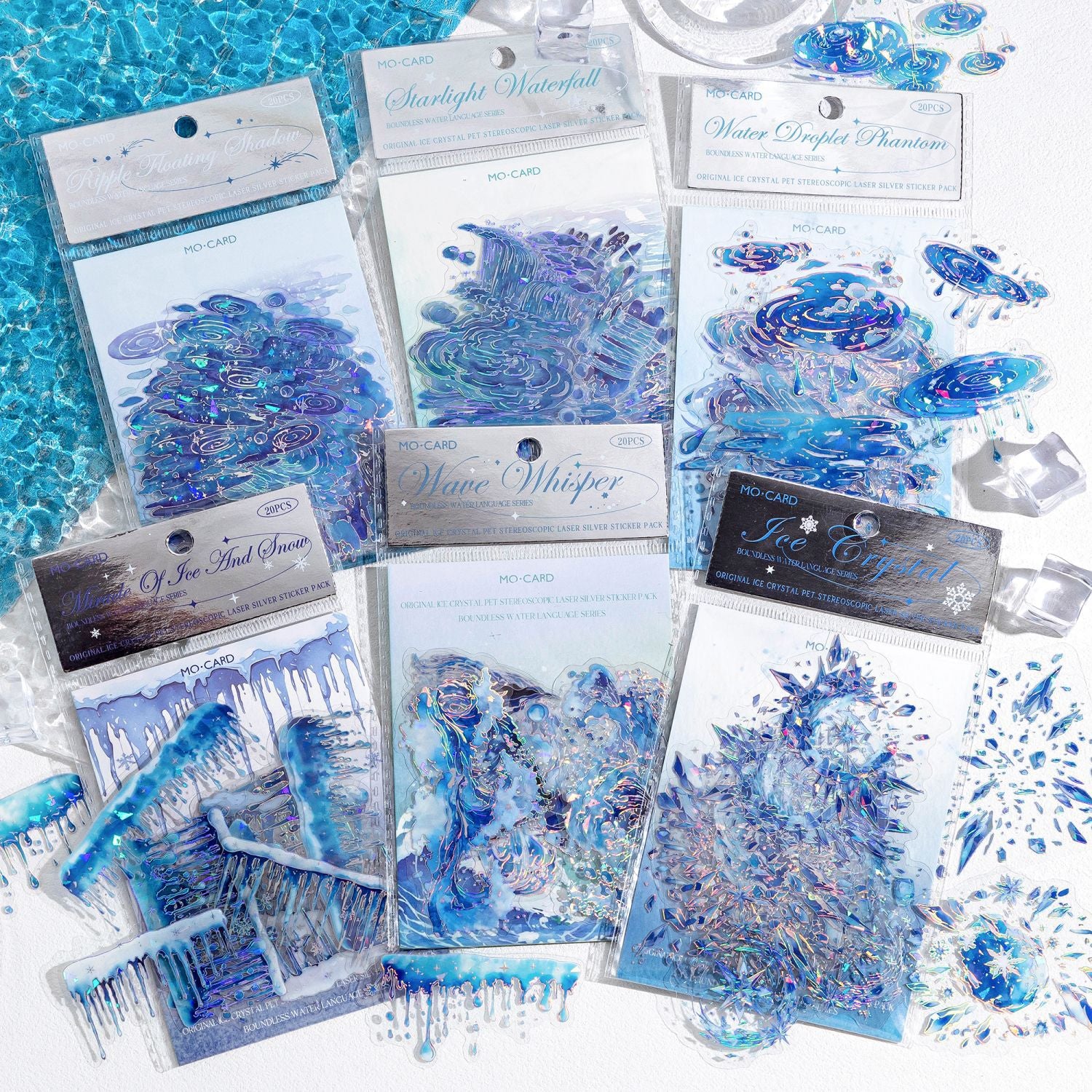 20 Pc Glitter Water Droplets Waves PET Stickers WJSY