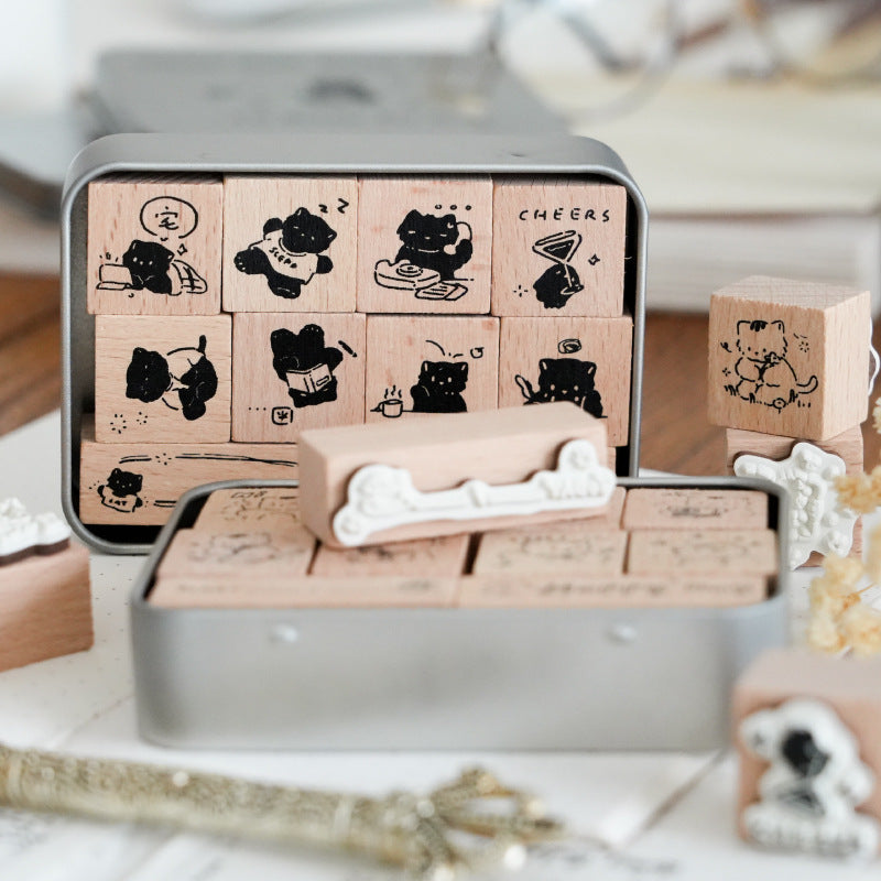 10 Pcs Cat Wooden Stamp Set MXRW