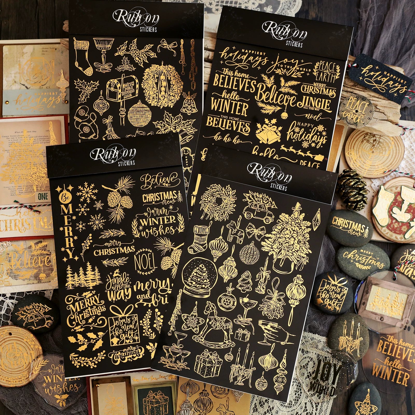 Gold Foil Rub On Stickers - Christmas