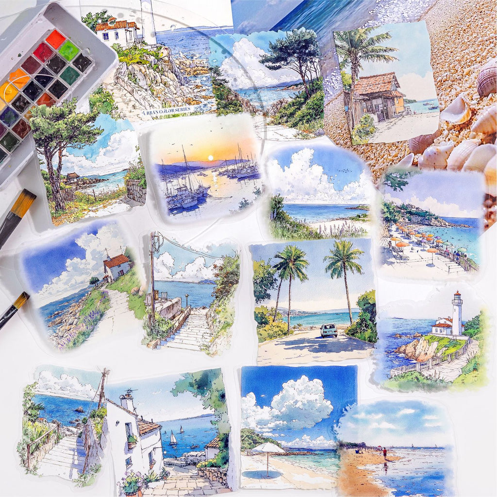15 Pcs Watercolor Landscape PET Stickers CSSC