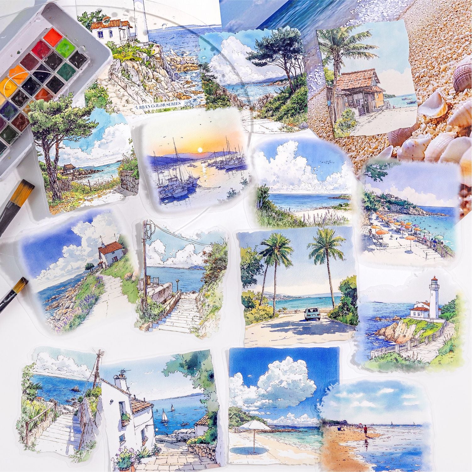 15 Pcs Watercolor Landscape PET Stickers CSSC