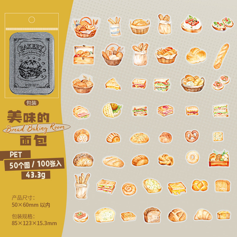 100 Pcs Bread Dessert PET Stickers MBHBS