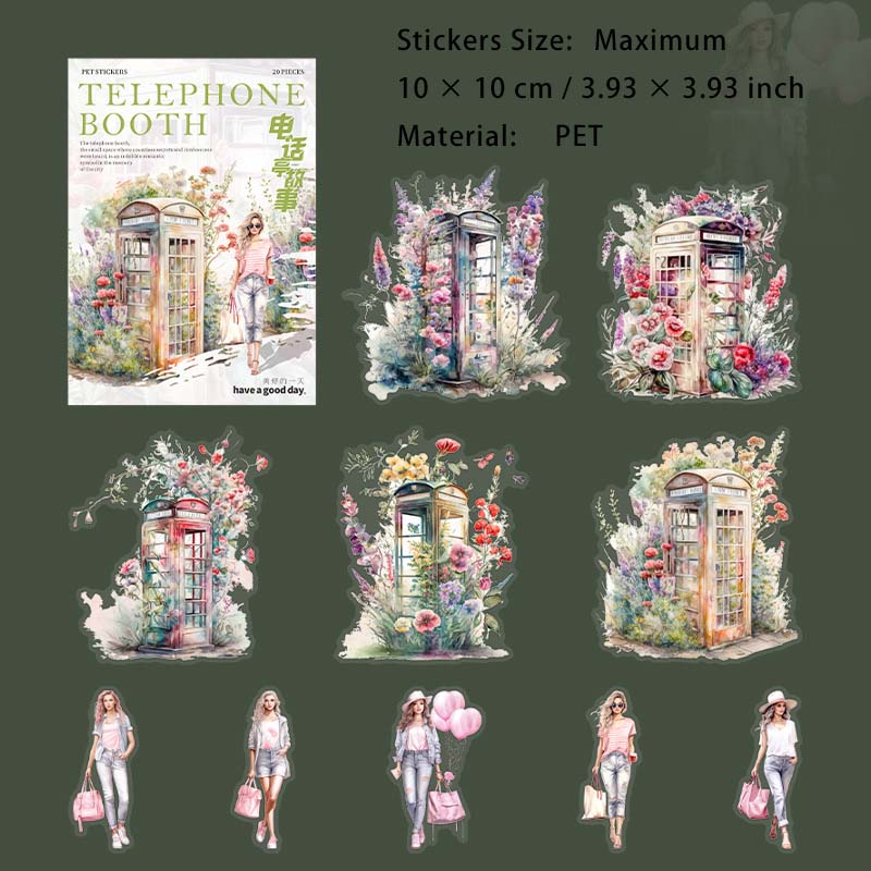 20 Pcs Flroal Telephone Booth Girl PET Stickers DHTGS
