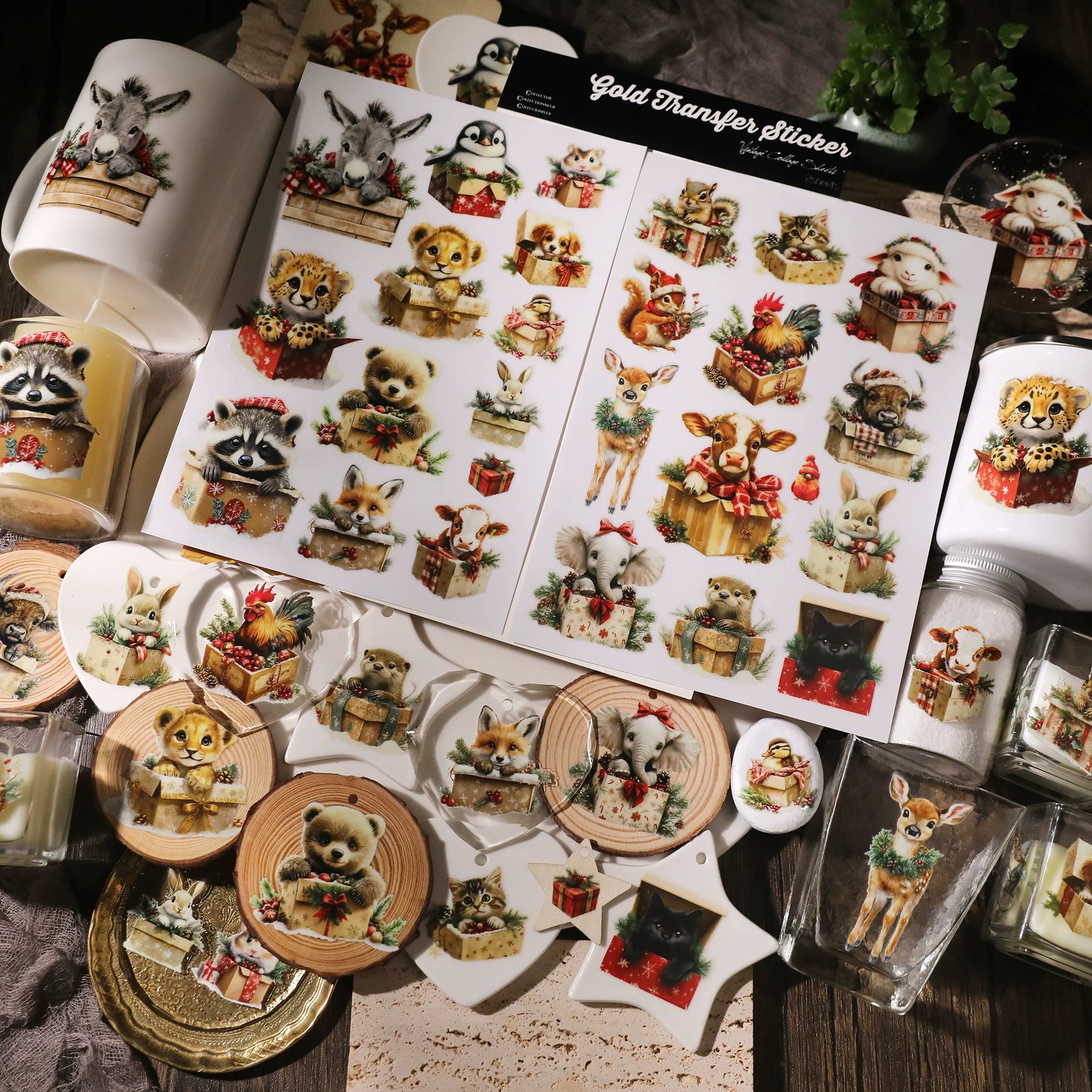 2 Sheets Waterproof Rub on Stickers - Cute Christmas Pets