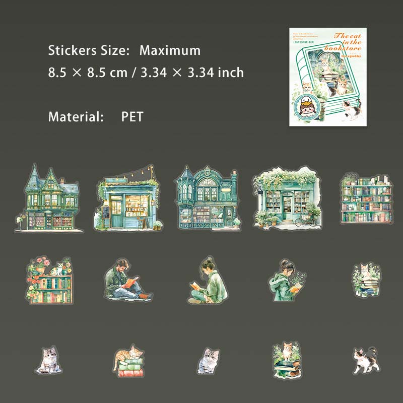 15 Pcs Reading Bookshop PET Stickers SDLDM