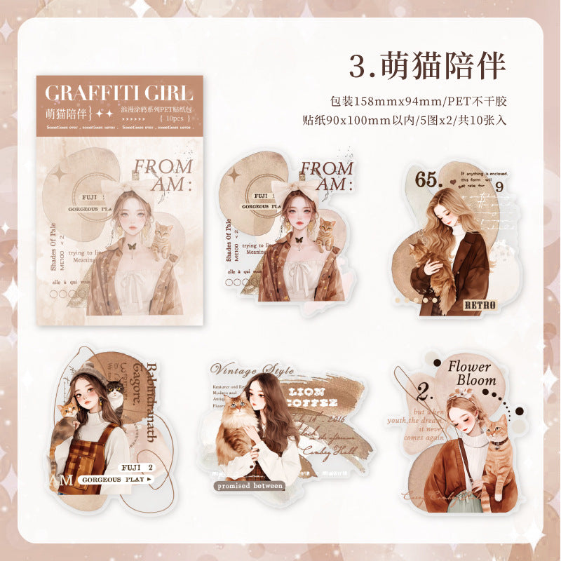 10 Pcs Coffee Girl PET Stickers LMTY